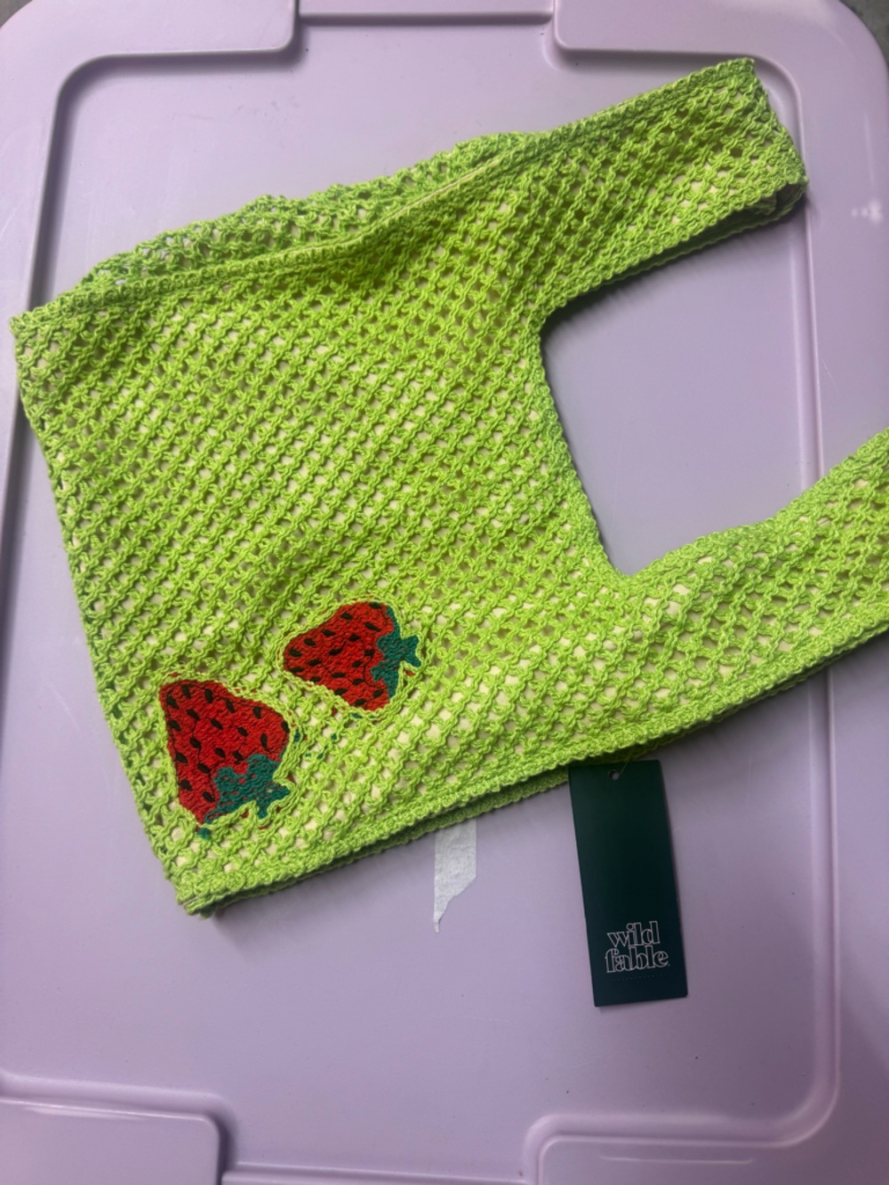Green Crochet Bag with Red Strawberry Appliqués